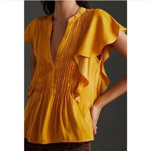 Anthropologie Ruffled Pintucked Blouse Mango Yellow Size Medium